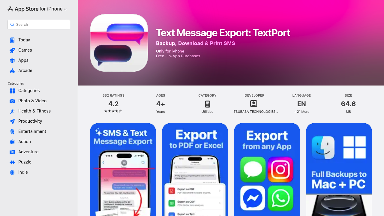 Screenshot of https://apps.apple.com/us/app/text-message-export-textport/id6745645676