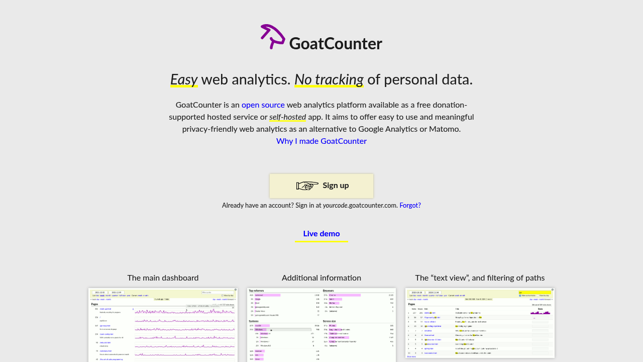 Screenshot of https://www.goatcounter.com/
