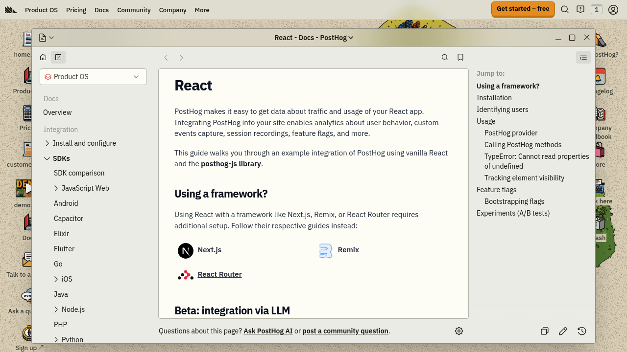 Screenshot of https://posthog.com/docs/libraries/react