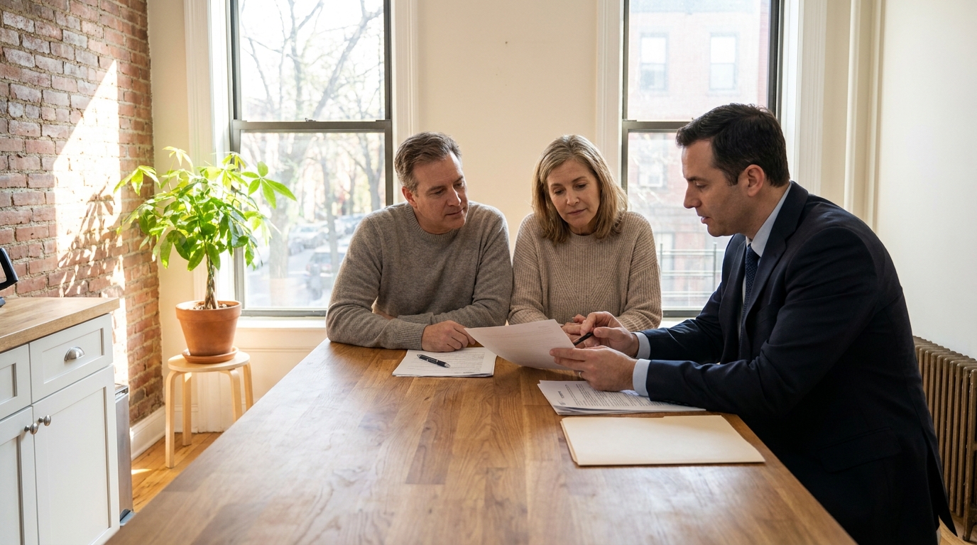 null couple reviewing health care directive documents with their attorney