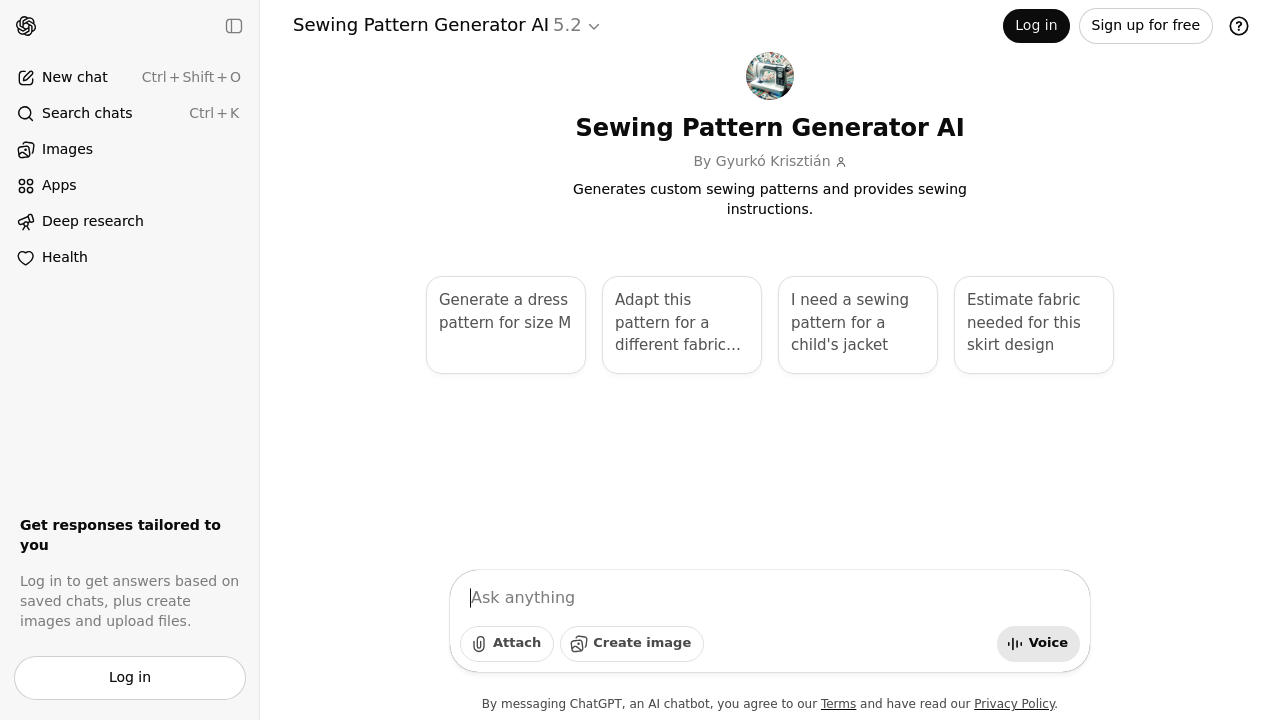 Screenshot of https://chatgpt.com/g/g-d1uOh0vZg-sewing-pattern-generator-ai