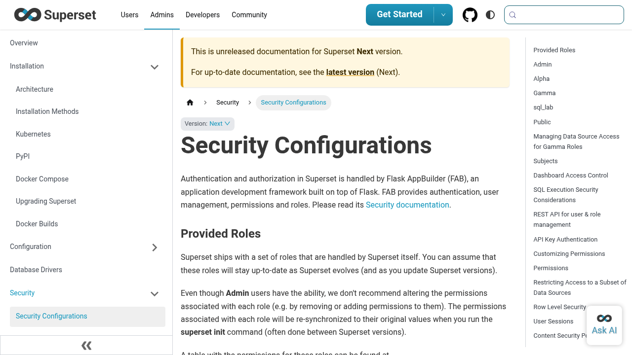 Screenshot of https://superset.apache.org/admin-docs/security/