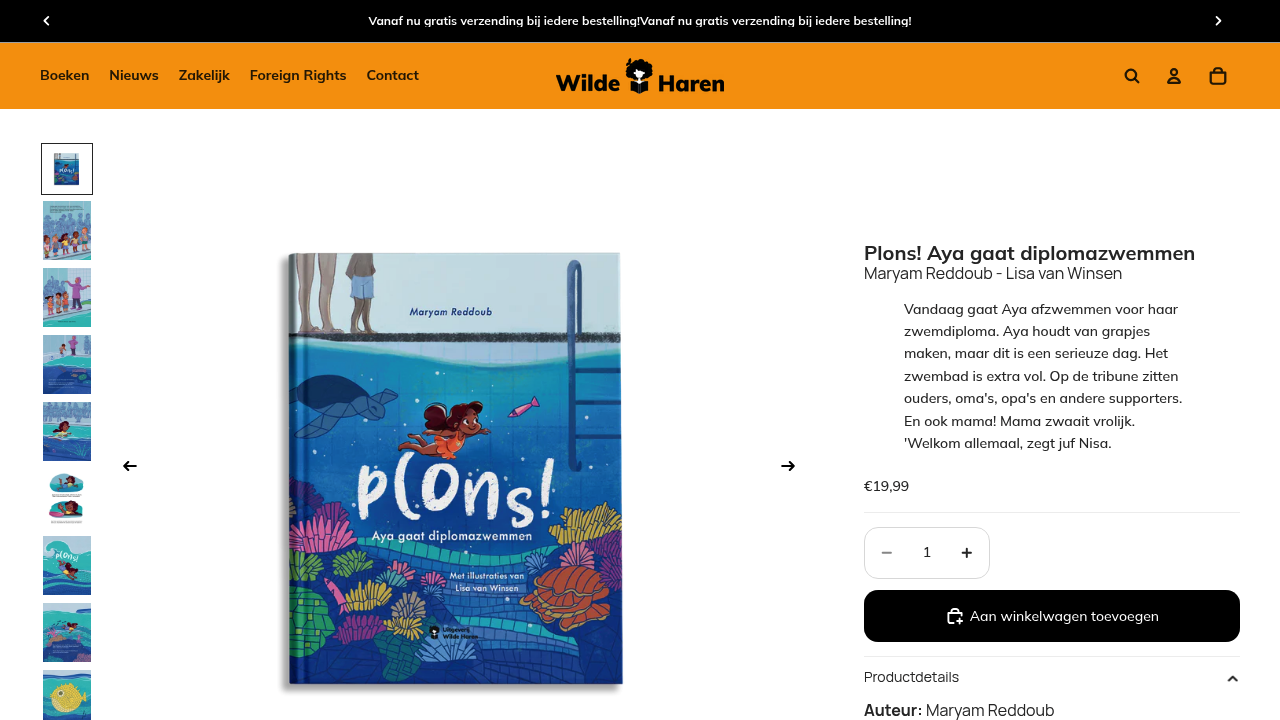 Screenshot of https://uitgeverijwildeharen.nl/products/plons-aya-gaat-diplomazwemmen