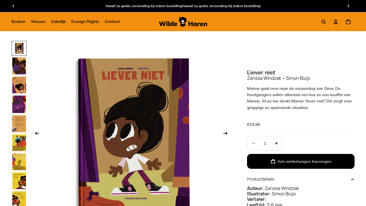 Screenshot of https://uitgeverijwildeharen.nl/products/liever-niet